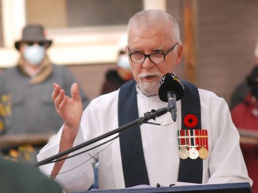 A fifth generation veteran, Padre Dave Norris, Branch 72 chaplain and deacon for Zone G7, delivers his homily during Remembrance Day ceremonies in the City of Pembroke. Anthony Dixon