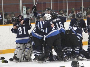 The Upper Ottawa Valley Aces celebrate their 3-2 overtime win over Nepean to claim the AA division title at the 2021 Pembroke Regional Silver Stick Hockey Tournament. Anthony Dixon