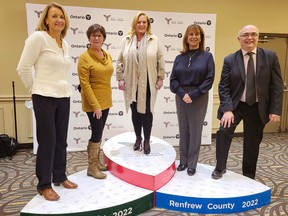 The 100-day countdown to the 2022 Ontario Winter Games in Renfrew County was held Nov. 18 at the Best Western Pembroke. Taking part in the event (from left) Cindy Burwell, games manager; Renfrew County Warden Debbie Robinson; Lisa MacLeod, Ontario's Minister of Heritage, Sport, Tourism, and Culture Industries; Julie Hensen, director GM Rogers TV as Rogers is the presenting sponsor and Renfrew Reeve Peter Emon, games organizing committee chairman.