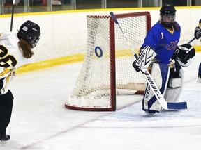 Angles are deceiving in the sport of ringette, as this shot by Kate Nolan (36) of the Mitchell U12A ringette team appears to be heading into the open side of the net against Forest Oct. 30, but alas, it hit the side of the net in a 5-4 Mitchell victory. Nolan scored once in the triumph. ANDY BADER/MITCHELL ADVOCATE