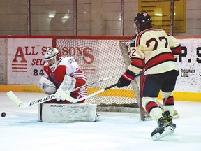 Photo by KEVIN McSHEFFREY/THE STANDARD
Elliot Lake Red Wings netminder Cameron Smith makes the save of a shot fired by Beavers’ Kyle Caron on Sunday afternoon at the Centennial Arena.