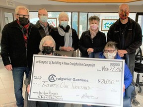The Bender, Harwood and Irwin families have donated a combined $21,000 to the 'Building a New Craigholme' capital campaign in Ailsa Craig. Seated are Jan Bender and Sherri Harwood; standing from left are John Bender, committee member Glenn Phillips, capital campaign committee chair Jackie Wells, Craigwiel Gardens board chair Jennifer Gillies and Ron Harwood. Absent are Dr. Bill and Helen Irwin. Handout
