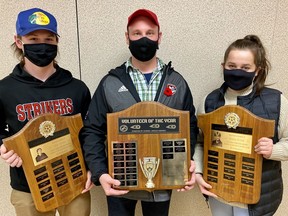 Stratford Youth Soccer handed out its year-end awards this month. From left: Owen Hearn (Male Athlete of the Year), Don Herlick (Volunteer of the Year) and Lena Cassone (Female Athlete of the Year).