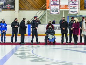 Local politicians, members of the Sault Ste. Marie Police Services and members of Ryan Vendramin's family were on hand to recognize the injured police officer and graduated Sault College Cougars hockey standout. BOB DAVIES/SAULT THIS WEEK