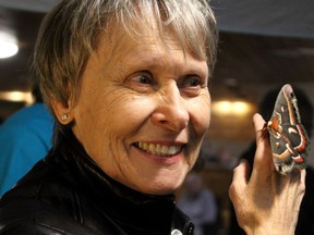 Roberta Bondar holds a Cecropia moth during a launch for the third annual Sault Ste. Marie Science Festival at Ontario Finnish Resthome Association in April 2017. Canada's first woman in space launches a podcast on Wednesday. BRIAN KELLY