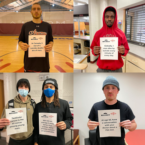 Algoma University students and varsity athletes participate in Movember to raise awareness around men's health and the importance of starting the conversation. Vincent Falardeau, Algoma University men's basketball player (top left); Steven Kabongo, Algoma University men's basketball player and GLC student employee (top right); students Roman Niro and Devin Miron (bottom left), and Cole Evans, GLC student employee (bottom right).