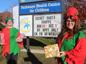 Marcy Draker, left, and Julie Ingles, with Pathways Health Centre for Children, get in the Christmas spirit to help promote this year's upcoming Secret Santa Shoppe fundraiser at the Sarnia centre.