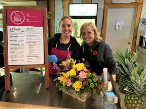 The mother-daughter team of Sandy Stirling, right, and Lynsay Connell are the brains behind the Norfolk Juice Co., which has opened its first outlet at The Apple Place in Simcoe. – Monte Sonnenberg