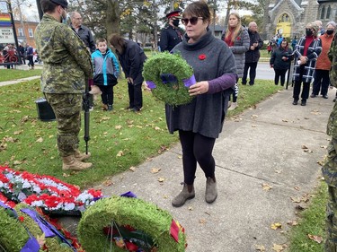 Norfolk Councillor Kim Huffman placed a wreath on behalf of the county at the Waterford Remembrance Day service on Thursday. KIM NOVAK PHOTO