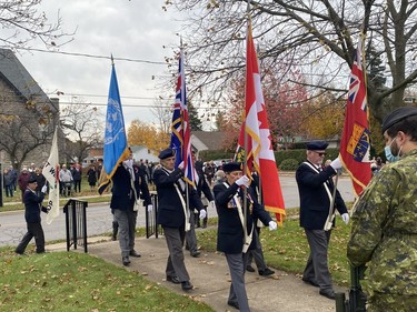 The colour party from Waterford  Legion Branch 123 march to the cenotaph during the Waterford Remembrance Day service on Thursday. KIM NOVAK PHOTO