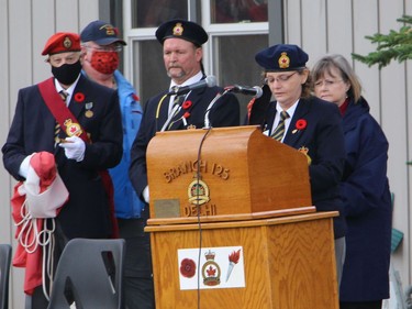 Trudy Ingraham, poppy chair with the Delhi Legion,  read the poem In Flanders Fields during the Delhi Legion Remembrance Day service on Thursday. ALEX HUNT PHOTO