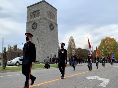 Members of 69th Battery of the 56th Field Regiment of the Royal Canadian Artillery in Simcoe lead the parade away from the Norfolk War Memorial Thursday at the conclusion of Remembrance Day observances in Simcoe. -- Monte Sonnenberg