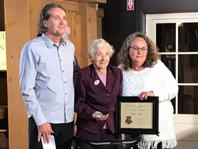 Pioneering farmer Annie Zaluski, 91, of Waterford, was among four 2020 inductees to Norfolk’s Agricultural Hall of Fame who were recognized for their achievements this weekend at the Waterford Heritage and Agricultural Museum. With Zaluski are her daughter Sharon Pellow and son Craig Zaluski. – Contributed photo