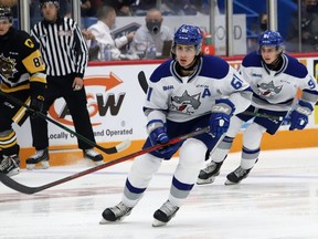 Chase Stillman, of the Sudbury Wolves, tracks the puck during OHL action against the Hamilton Bulldogs at the Sudbury Community Arena in Sudbury, Ont. on Friday October 22, 2021. John Lappa/Sudbury Star/Postmedia Network