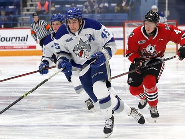 Ethan Larmand, of the Sudbury Wolves, chases down the puck during OHL action against the Niagara IceDogs at the Sudbury Community Arena in Sudbury, Ont. on Friday November 5, 2021. John Lappa/Sudbury Star/Postmedia Network