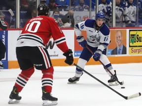 Nick DeGrazia, right, of the Sudbury Wolves, looks to pass to a teammate as Mason Howard, of the Niagara IceDogs, looks on during OHL action at the Sudbury Community Arena in Sudbury, Ont. on Friday November 5, 2021.