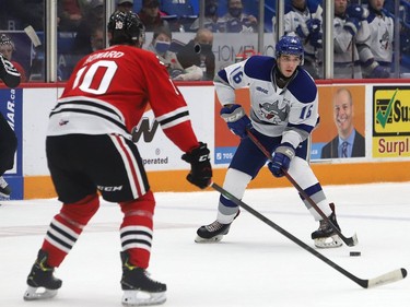 Nick DeGrazia, right, of the Sudbury Wolves, looks to pass to a teammate as Mason Howard, of the Niagara IceDogs, looks on during OHL action at the Sudbury Community Arena in Sudbury, Ont. on Friday November 5, 2021. John Lappa/Sudbury Star/Postmedia Network