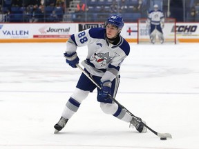 David Goyette, of the Sudbury Wolves, fires the puck on net during OHL action against the Niagara IceDogs at the Sudbury Community Arena in Sudbury, Ont. on Friday November 5, 2021. John Lappa/Sudbury Star/Postmedia Network