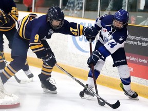 Nathan Kreppner of the Toronto Titans battles for the puck with Liam Judd of the  Sudbury Nickel Capitals, during Big Nickel Hockey Tournament U14 final action Toronto defeated Sudbury 5-2. Gino Donato/For The Sudbury Star