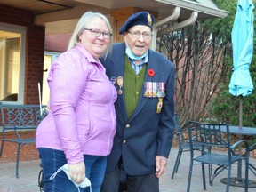 Second World War veteran Gerald Wagner stands with daughter Kathy O'Neill outside the Meadowbrook seniors residence in Lively on Tuesday. Of his many decorations, the vet says he is most proud of the one marking a half-century of membership in the Royal Canadian Legion.