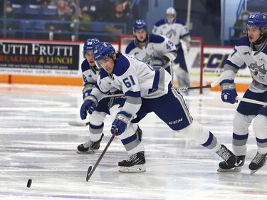 Chase Stillman, of the Sudbury Wolves, chases down the puck during OHL action against the North Bay Battalion at the Sudbury Community Arena in Sudbury, Ont. on Friday November 12, 2021. John Lappa/Sudbury Star/Postmedia Network