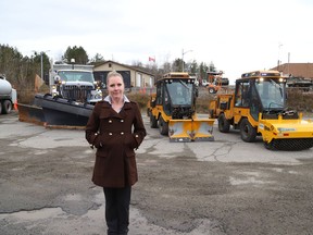 Brittany Hallam, acting director of linear infrastructure services with the City of Greater Sudbury, stands in front of a fleet of city vehicles at the launch of their 2021-22 winter sidewalk and road maintenance season on Nov. 18.