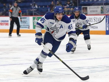 Ethan Larmand, of the Sudbury Wolves, chases down the puck during OHL action against the Ottawa 67's at the Sudbury Community Arena in Sudbury, Ont. on Friday November 19, 2021. John Lappa/Sudbury Star/Postmedia Network
