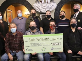 More than $10,000 was raised for the Sudbury Hospice Foundation in the latest Localicious campaign in Sudbury, Ont. Jr. Moutsatsos, front left, of P&M Kouzzina, Dave Temmerman, of Hardrock 42, Dave Gagnon, of M.I.C., Sam Roumanes, of Mr. Prime Rib, Julie Aube, back left, executive director of Maison McCulloch Hospice, Chuck Barbeau, of di Gusto, Chad Pitfield, of M.I.C., Ryan Nesci, of Tony V's, Filippo Rocca, of Bella Vita Cucina, and Gerry Lougheed, hospice foundation chair, were on hand for the cheque presentation. The money raised supports general operations at the hospice. From October 18 to October 31, the Sudbury Hospitality Association of Restaurant Entrepreneurs (SHARE) gave $2 to the hospice for every meal selected from their 'price fixed' menu. Missing from photo were representatives from Verdicchio Ristorante and JD Southern Smokehouse. John Lappa/Sudbury Star/Postmedia Network





Julie Aube, executive director of Maison McCulloch Hospice, and Gerry Lougheed, hospice foundation chair,  are asking Greater Sudburians to support the Localicious campaign in Sudbury, Ont. From October 18 to October 31, the Sudbury Hospitality Association of Restaurant Entrepreneurs (SHARE) will give $2 to the hospice for every meal selected from their 'price fixed' menu. Participating restaurants include Bella Vita Cucina, diGusto, Hardrock, JD Southern Smokehouse, M.I.C., The P & M Kouzzina, Mr. Prime Rib, Verdicchio Ristorante and Tony VÕs Pizza & Restaurant. John Lappa/Sudbury Star/Postmedia Network