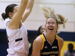 Bailey Tabin of the Laurentian Voyaguers goes up for at shot during OUA women's basketball action, against the Toronto Varsity Blues on Saturday afternoon.Laurentian defeated Toronto 71-61. Gino Donato/The Sudbury Star