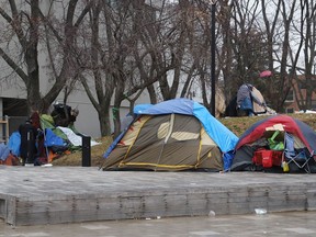 An encampment is located in the courtyard of Tom Davies Square in Sudbury, Ont. on Thursday November 25, 2021. John Lappa/Sudbury Star/Postmedia Network