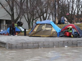 An encampment is located in the courtyard of Tom Davies Square in Sudbury, Ont. on Thursday November 25, 2021. John Lappa/Sudbury Star/Postmedia Network