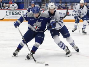 Kocha Delic, left, of the Sudbury Wolves, and Ethan Del Mastro, of the Mississauga Steelheads, battle for the puck during OHL action at the Sudbury Community Arena in Sudbury, Ont. on Friday November 26, 2021. John Lappa/Sudbury Star/Postmedia Network