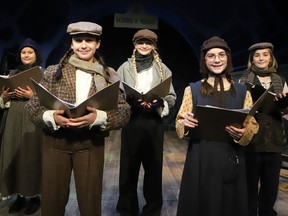 The Sudbury Theatre Centre production of Dickens' A Christmas Carol, will be on stage at the STC in Sudbury, Ont. from December 2 to December 12, 2021. The show's carollers include Alice Cropper, left, Julia Moulaison, Brianne Portelance, Adrienne Young and Cole Melin. John Lappa/Sudbury Star/Postmedia Network