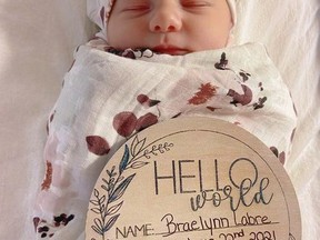 A girl, Braelynn, 7 lbs 10 oz, was born to Tyler and Tyanna Labre of Sudbury on Oct. 22.