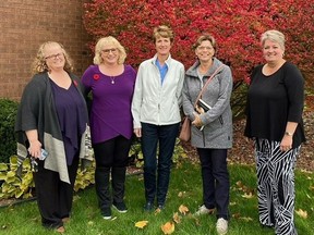 A longstanding yet unnamed local book club has given a donation to Literacy Lambton's Give-a-Book campaign and is challenging other Lambton County book clubs to do the same. The Book Club With No Name, from left to right: Sandra Perkins, Cindy Kramer, Ruth Kohut, Deb Kirkland and Helen Lane. Handout/Sarnia This Week