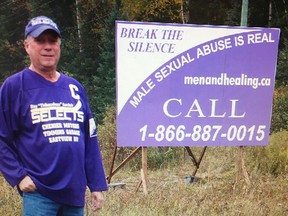 Timmins resident Ray Auclair, who in recent years has become a vocal advocate for male victims of sexual assault, believes former NHL prospect Kyle Beach will become an inspiration to other victims. Auclair is seen here next to one of the five information billboards he has put up across the district; this one located near Matheson.

Supplied
