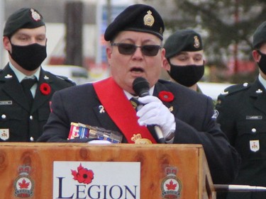Andréa Villeneuve, sergeant-at-arms and parade commander for Royal Canadian Legion Branch 88, addresses the crowd gathered for the Remembrance Day service held Thursday morning at the cenotaph in Hollinger Park.

RON GRECH/The Daily Press