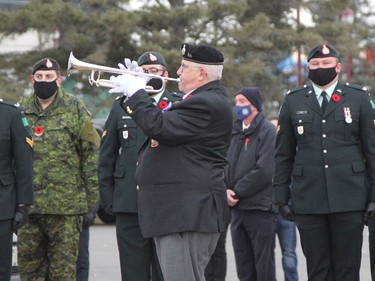 Bugler Eugene St-Jean performs "Reveille" following the moment of silence at the Remembrance Day ceremony in Timmins Thursday morning.

RON GRECH/The Daily Press