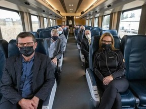 Municipal leaders and Nipissing MPP Vic Fedeli ride a passenger train from North Bay to Toronto last month. Submitted Photo