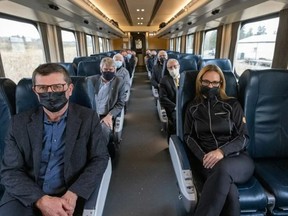 Alan Spacek, front left, chairman of the Ontario Northland Transportation Commission and Ontario Northland President and CEO Corina Moore, front right, were joined alongside seven Northern mayors, including George Pirie of Timmins, who travelled from North Bay to Union Station in Toronto on the Ontario Northland passenger train Monday morning. 

SUBMITTED