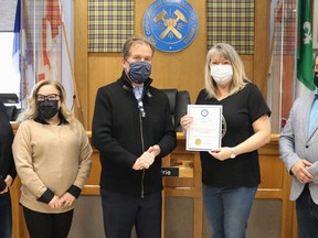 A proclamation declaring Timmins Care Week was held at city hall on Friday. Those attending, from left, included Carmen Swartz of the Timmins Chamber, Jennifer Gorman of the United Way, Mayor George Pirie, Downtown Timmins executive director Cindy Campbell, and Coun. Cory Robin.

ANDREW AUTIO/The Daily Press