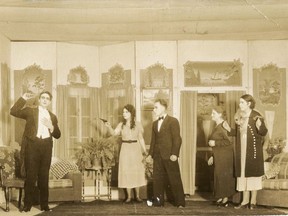 Community theatre was very popular in the 1920s; this scene features local Finnish actors A. Virkaala, A. Korkola, A. Lamminen, Anna Val0 and an unidentified thespian. The play took place at one of the local halls. 

Supplied/Timmins Museum