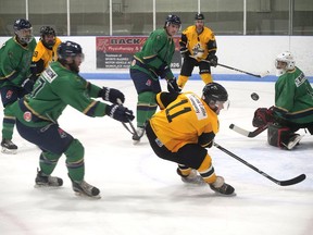 A pass from Tillsonburg Thunder's Zak McQuade to Kaine Geldart (11), cutting in from the slot, was deflected by Stratford goalie Logan Vermunt. (Chris Abbott/Norfolk and Tillsonburg News)