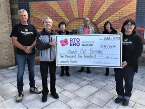 Norfolk's Retired Teachers of Ontario (RTO District 12) recently donated $2,500 to Riversyde 83 Community Kitchen to assist in the purchase of a commercial cooler/freezer. From left are Eric Havercamp (chair Church Out Serving), Peter Scovil (co-chair RTO District 12, community grants), Ginger Pullen (treasurer RTO District 12), Doug Thompson (president RTO District 12), Marie Van Damme (co-chair RTO community grants), and Virginia Lucas (co-chair Church Out Serving). (Submitted)