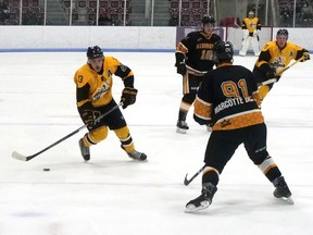 Tillsonburg Thunder's Braden Roberts (13) scored twice against the Alvinston Killer Bees Saturday night in Tillsonburg. The Thunder have a 6-6-0 record midway through the 2021-22 WOSHL season. (Chris Abbott/Norfolk and Tillsonburg News)