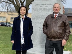 Director General Jin-Ling Chen of the Taipei Economic and Cultural Office poses with Oxford County Warden Larry Martin in front of the bust of Rev. Geroge Leslie Mackay at the Oxford County Court House in Woodstock. Chen was in Oxford County to strengthen Taiwan-Canada relations and discuss upcoming anniversary celebrations.
SUBMITTED PHOTO