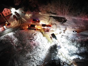 A photograph taken by the Hanover Fire Department's drone shows the response and firefighting effort early Monday morning as crews battled a blaze at a shop just outside of Hanover. Photo supplied.