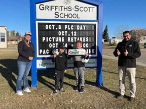 On Friday, October 15, Cargill reps Jesus Rodal and Shelby Masse presented $1,500 in gift cards to Griffiths-Scott School students Kaisyn Pollard and Sawyer Grekul for a trio of school projects.
--Griffiths-Scott School