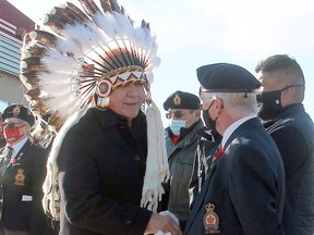 Ermineskin Chief Randy Ermineskin thanks the veterans and Legion members who participated in Monday's Indigenous Veterans Remembrance service at the Maskwacis Veterans Memorial Monday.
Christina Max