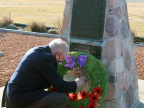 Millet Royal Candian Legion Br. No. 226 member Guy Jones lays a wreath at the Millet cenotaph Nov. 11.
Christina Max